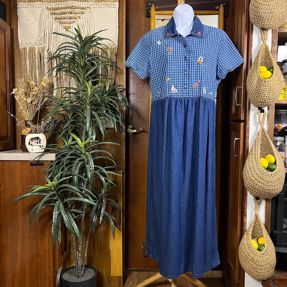 Vintage 90s Gingham Cat Embroidered Maxi Dress L Denim Skirt Cottagecore Prairie